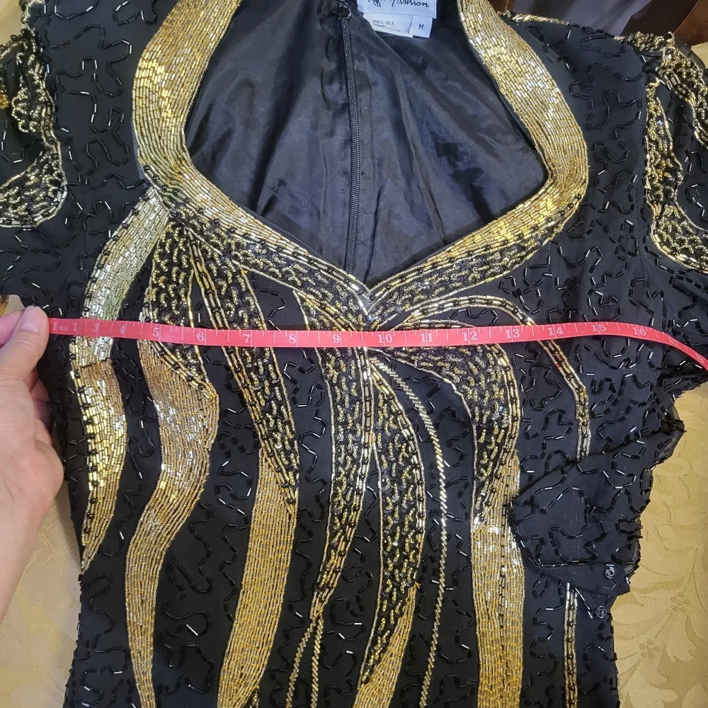 Vintage black & gold full length silk beaded formal gown - Picture 7 of 13